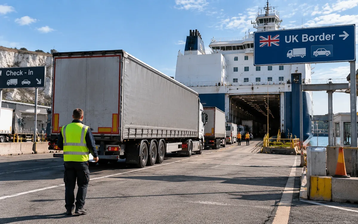 Lorries boarding a ferry at the Port of Dover by the “UK Border” sign, with the white chalk cliffs behind