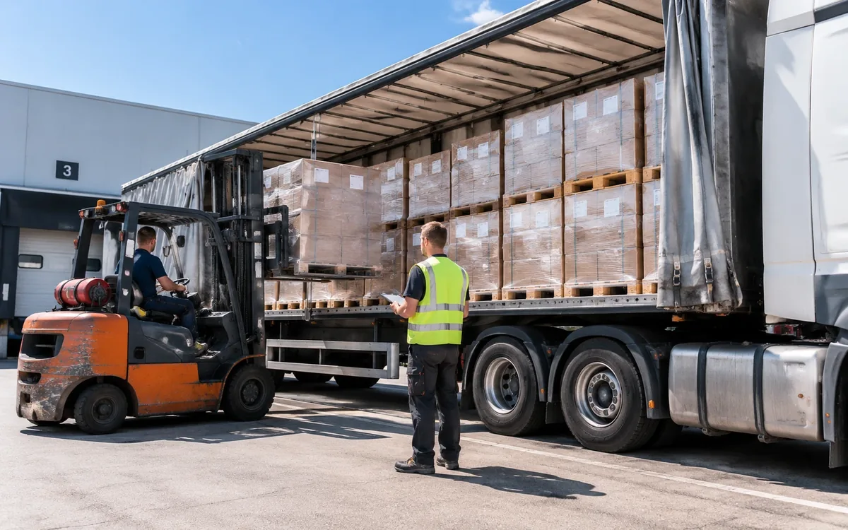 Forklift loading euro pallets into a curtainsider trailer through the open side while a warehouse worker checks the cargo