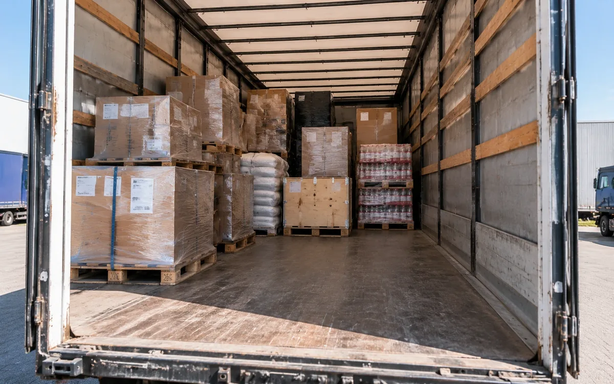 Part load (LTL) in a curtainsider trailer: pallets, a wooden crate and sacks from different shippers, free floor space at the doors