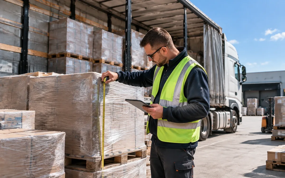 Logistics worker measuring a loaded pallet with a tape measure before loading it into a curtainsider truck