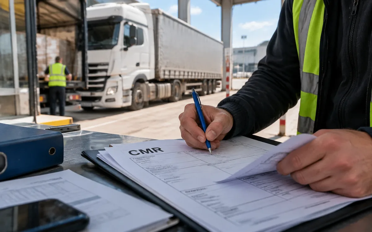 Signing a CMR consignment note at loading, with a curtainsider truck being loaded in the background