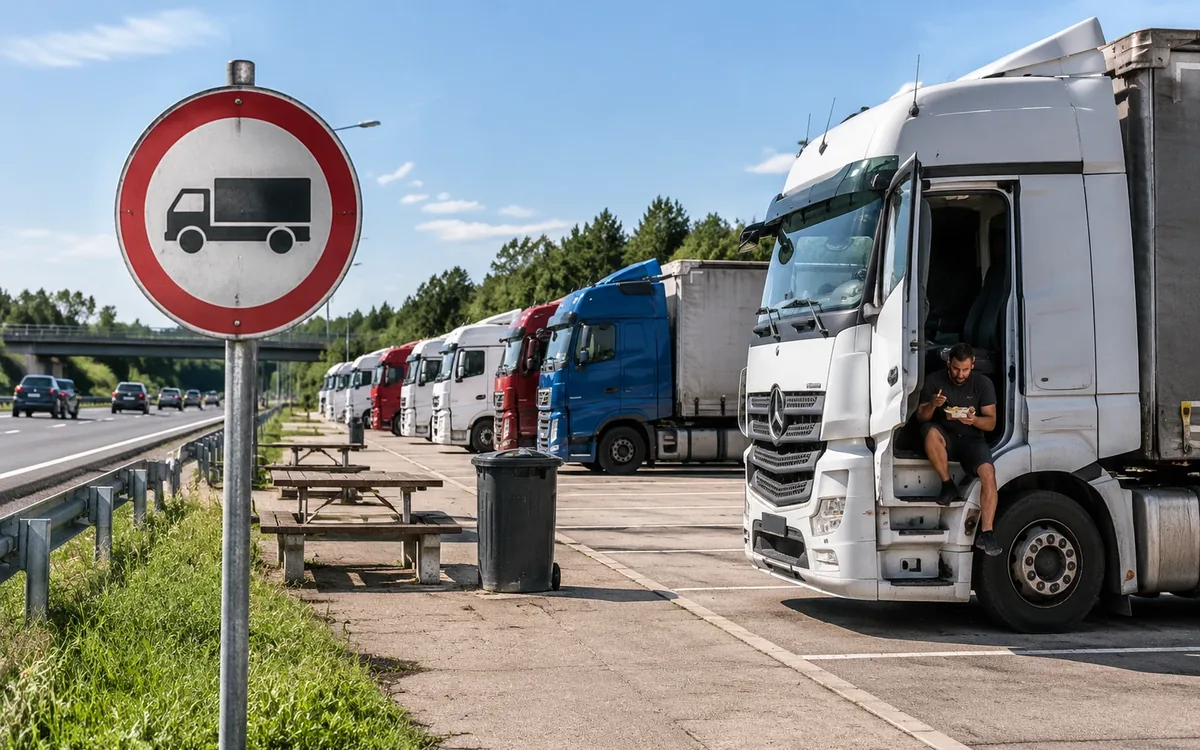 “No goods vehicles” sign at a motorway truck parking area: lorries parked in a row, a driver eating lunch in the cab