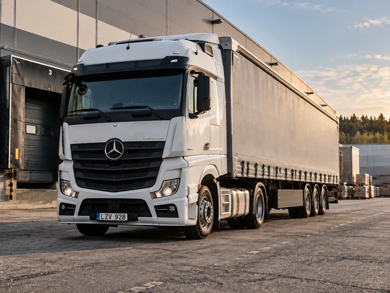 Mercedes-Benz Actros with a curtainsider trailer at the warehouse