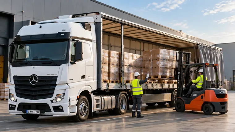 The curtain is fully open — a forklift loads pallets from the side