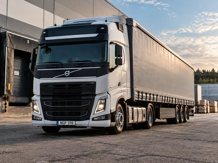 Volvo FH with a curtainsider trailer at the warehouse
