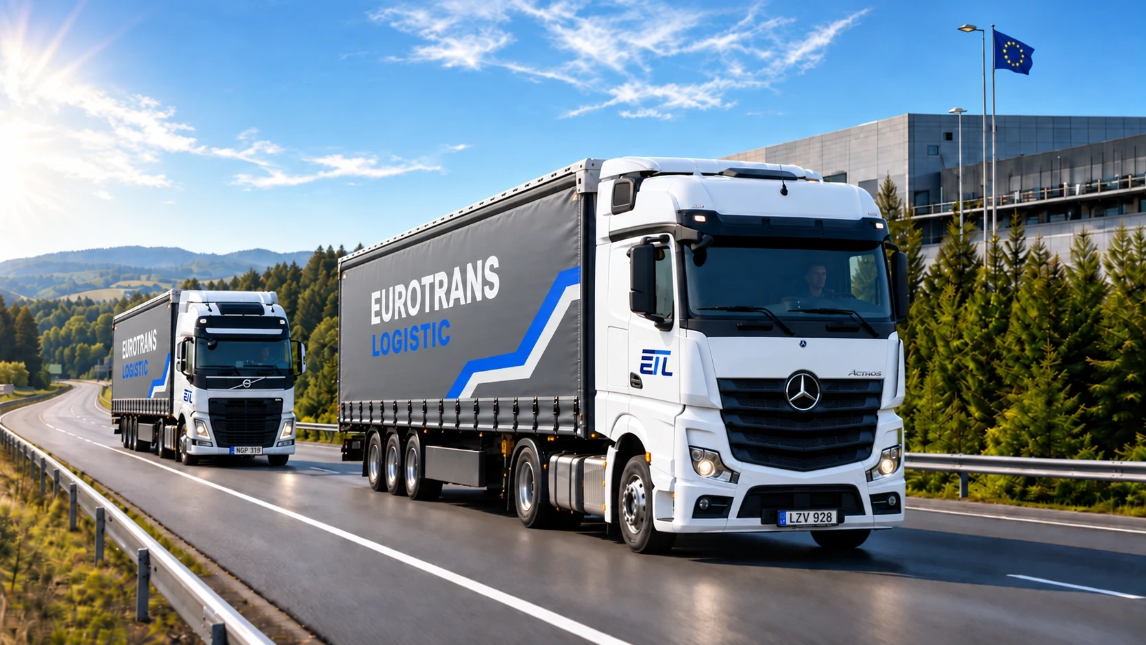 Eurotrans Logistic Mercedes Actros with a branded curtainsider trailer on the motorway
