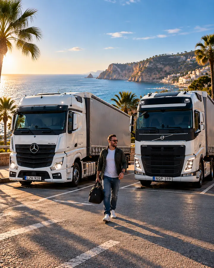 A driver with a bag walking towards Mercedes-Benz Actros and Volvo FH tractors parked by the sea